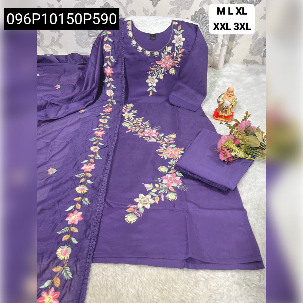 Elegant TRENDBUY purple Roman silk Pakistani suit set with exquisite multi-color floral hand embroidery and a coordinating draped dupatta.