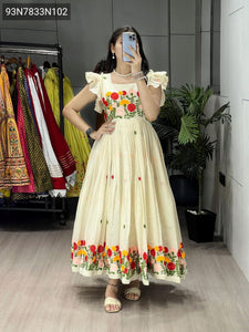 Premium Kora Cotton Kalamkari and Floral Embroidered Ethnic Gown for Festive Celebrations