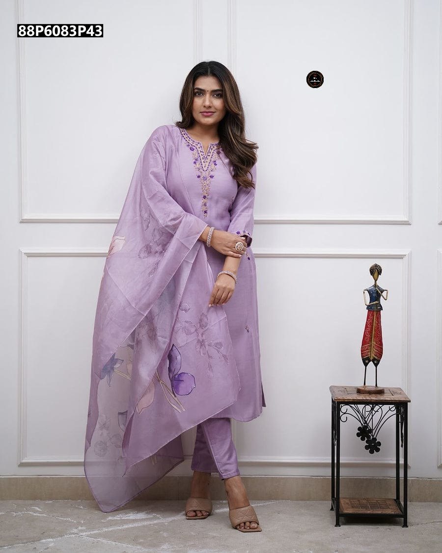 Full-length view of a woman showcasing the TRENDBUY lavender rayon slub suit set with delicate embroidery and chanderi dupatta.