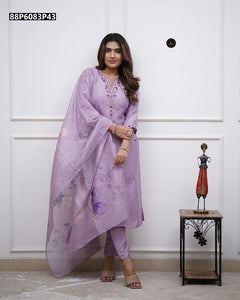 TRENDBUY Lavender Embroidered Rayon Slub 3-Piece Suit Set