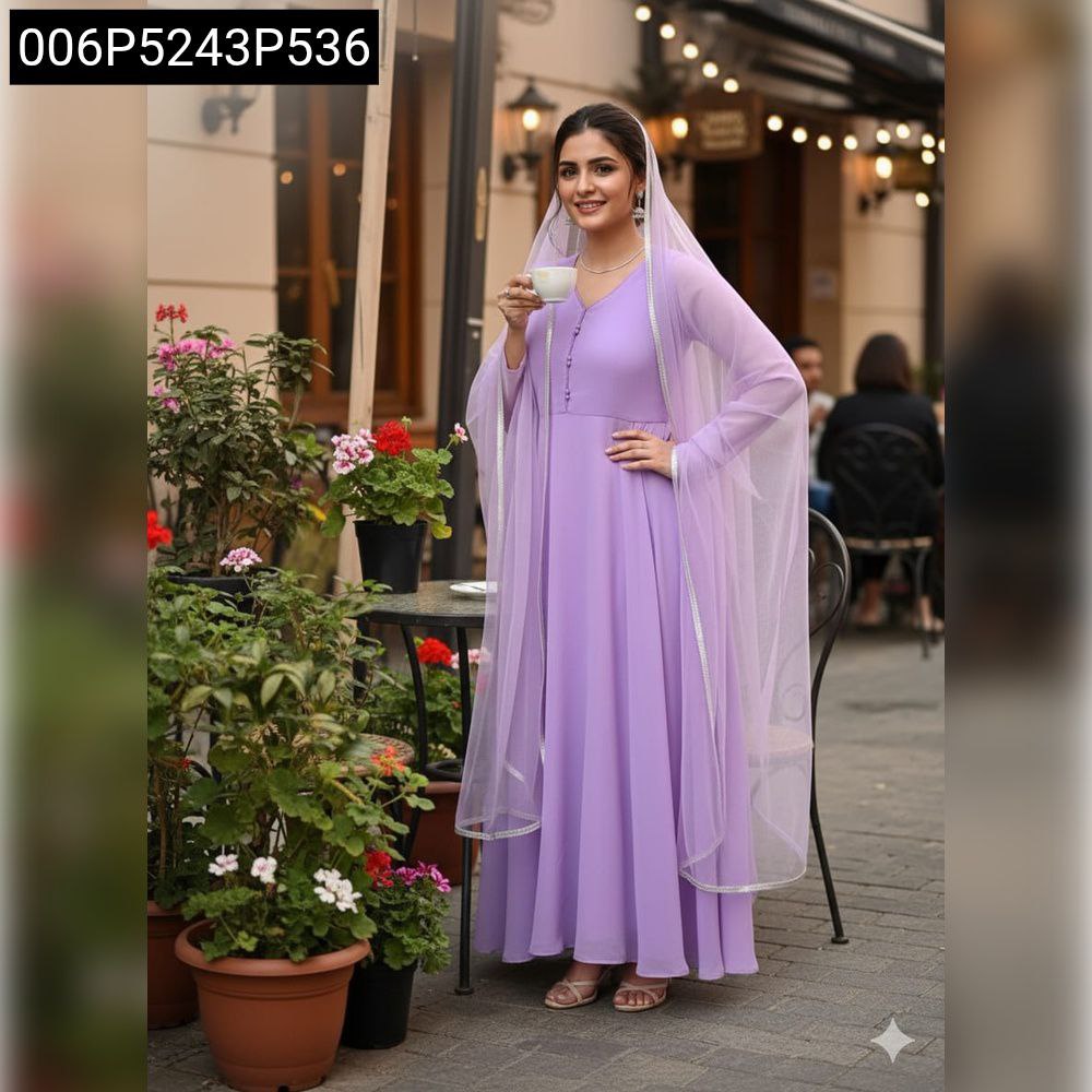 Full body shot of a model standing confidently in the TRENDBUY Lavender Georgette Kurta Set with net dupatta, highlighting the elegant drape.
