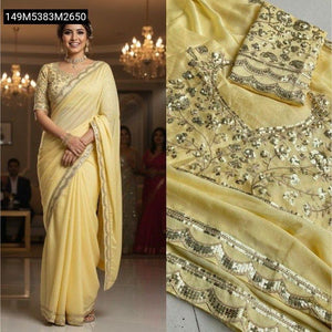 TRENDBUY Lemon Yellow Moss Chiffon Designer Saree with Sequin Lace Border & Embroidered Blouse