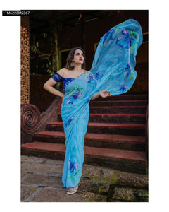 TRENDBUY Light Blue Chiffon Floral Digital Print Saree with Handwork Blouse