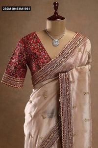 TRENDBUY Light Gold Jimichu Saree with Maroon Embroidered Blouse & Zari Sequence Border