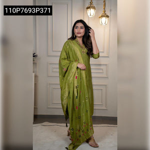 TRENDBUY Light Mahendi Roman Silk Embroidered Kurta Set with Dupatta
