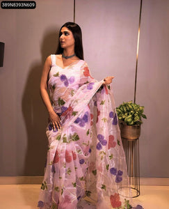 TRENDBUY Lilac Floral Organza Saree with Sequin Hand Work & Soft Silk Blouse