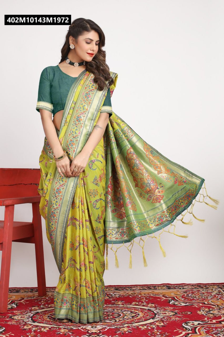 TRENDBUY model posing gracefully in a Lime Green Pure Pashmina Silk Saree with a green blouse, showcasing zari and meena work.