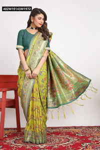 TRENDBUY Lime Green Pure Pashmina Silk Saree with Zari Weaving & Meena Work