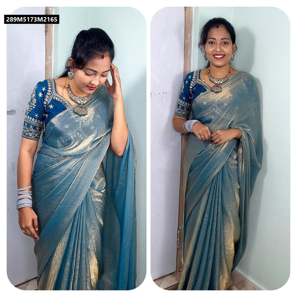 Double image of a model smiling and posing in a Teal Space Silk Saree with a Blue Embroidered Blouse and bangles.