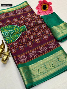 TRENDBUY Luxurious Dola Silk Saree with Heavy Jacquard Border & Bandhani Print