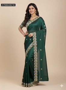 TRENDBUY Luxurious Fandy Satin Saree with Silver-Golden Parrot Embroidery Blouse