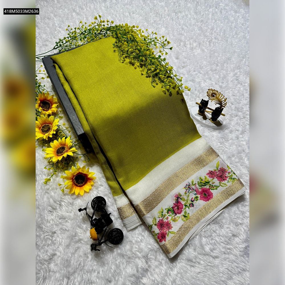 TRENDBUY Olive Green Mysore Silk Saree with elegant floral and gold woven border, displayed beautifully on a white textured surface.