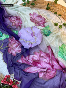 TRENDBUY Luxurious Soft Organza Saree with Floral Print, Beads & Katdana Handwork