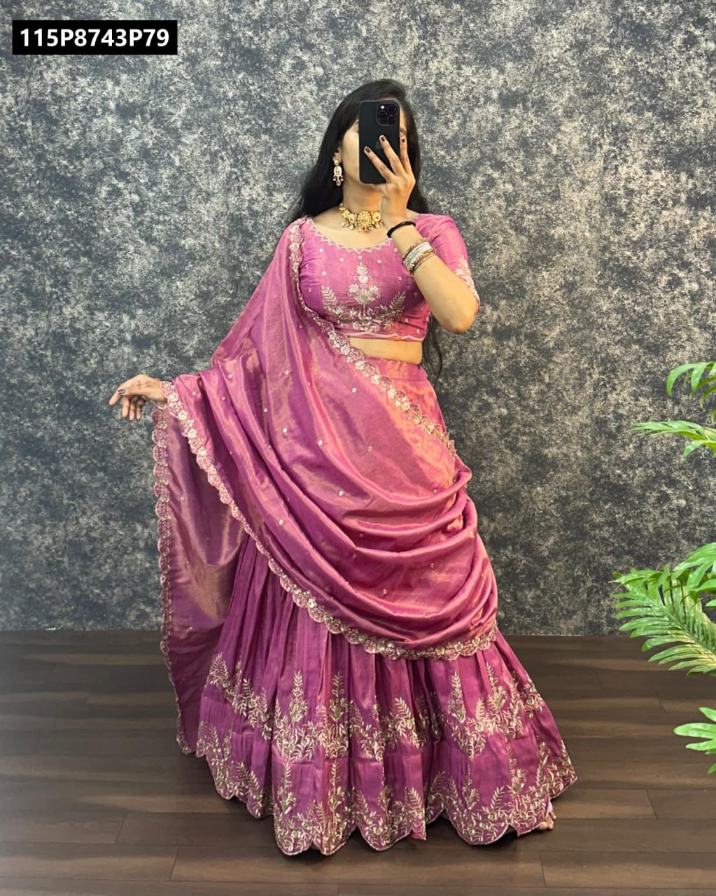 Model in a draped Lavender TRENDBUY South Tissue Lehenga Choli, showcasing the flow and embroidery.