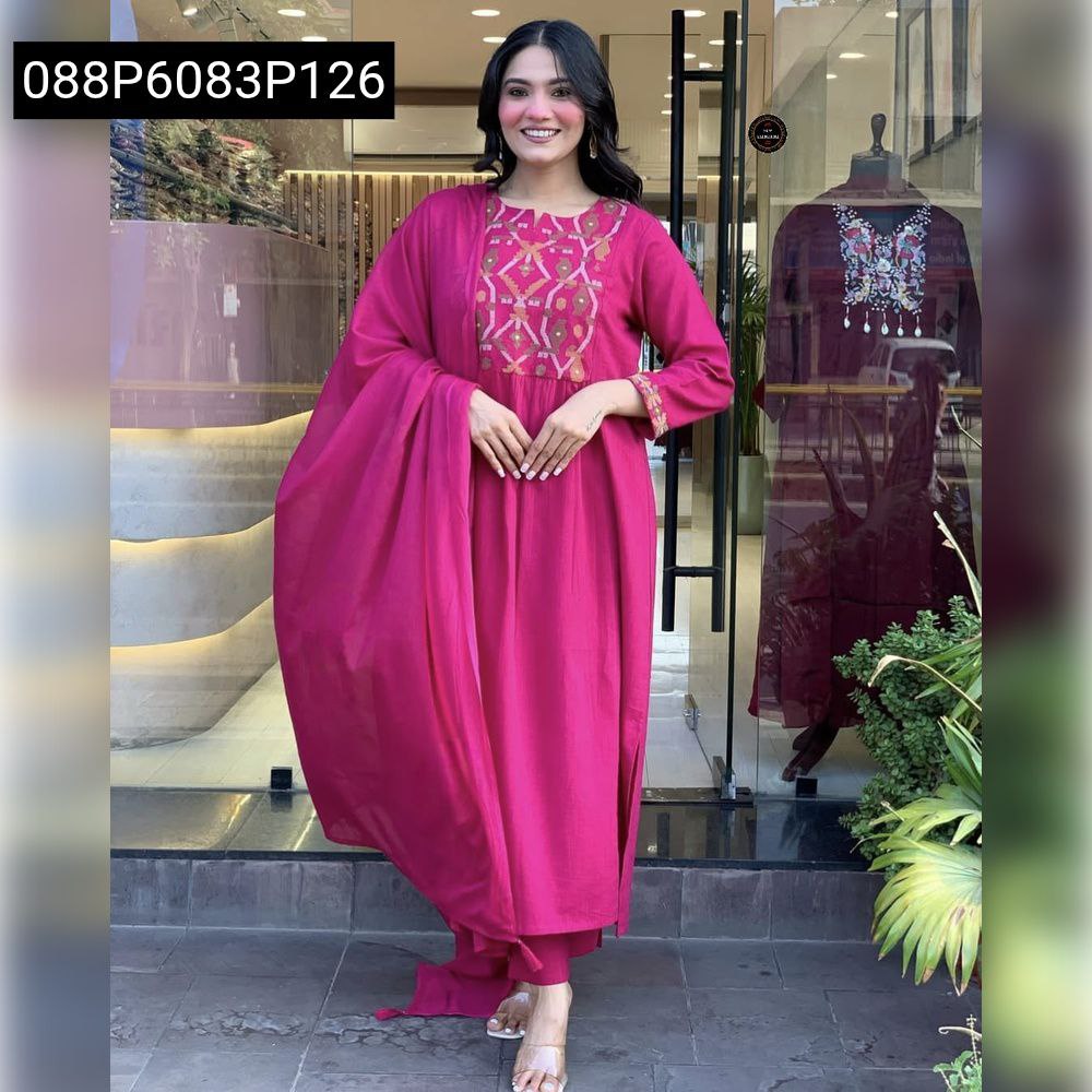 Full body shot of TRENDBUY model smiling, posing frontally in a vibrant magenta Chanderi cotton embroidered kurti pant set.