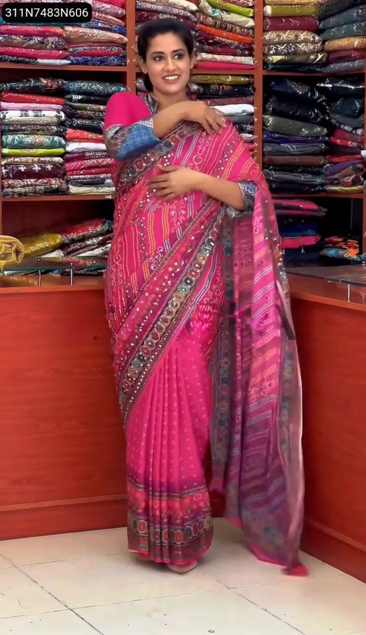 Front view of the TRENDBUY Magenta Pink Natural Silk Saree displayed on a mannequin, showcasing the full drape, digital print design, and attached stitched blouse.