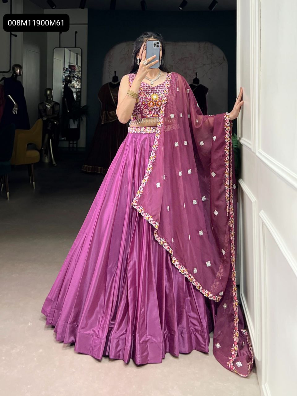 Full-length mirror selfie of a woman modeling the TRENDBUY magenta silk crepe lehenga choli with intricate sequin and thread embroidery, showcasing the full ensemble.
