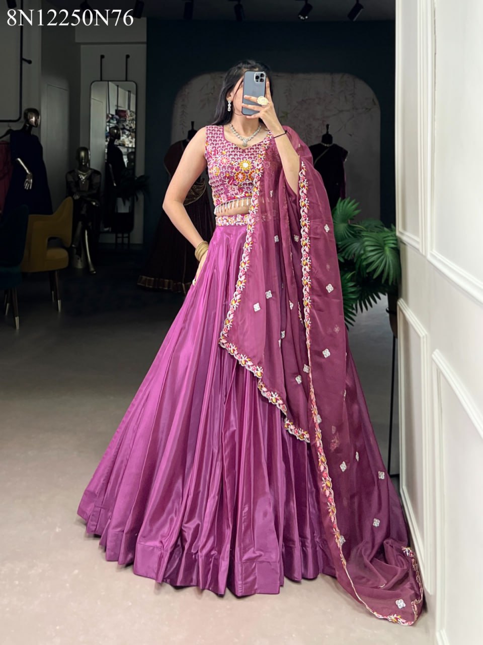Front full-body shot of model in TRENDBUY Magenta Silk Crepe Lehenga Choli, displaying exquisite sequin and thread embroidery.