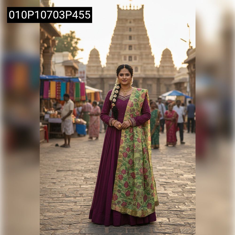A solo model posing gracefully in a deep plum purple Maggam work Vichitra silk gown and a light green Kalamkari print dupatta, standing on a cobblestone street near a temple.