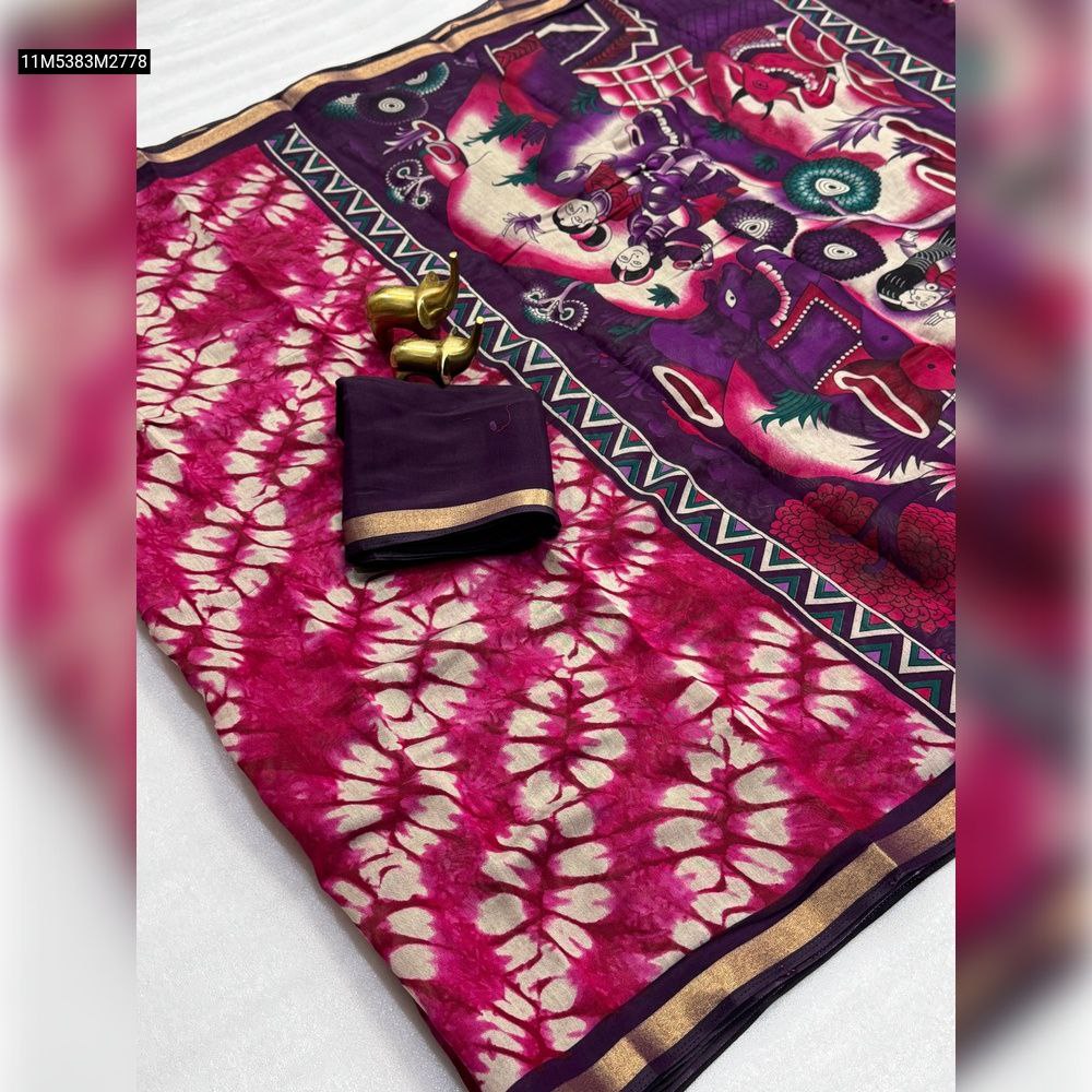 TRENDBUY Pink and Purple Mangalagiri Silk Saree with Shibori pattern body, Kalamkari pallu, and matching purple blouse piece, flat lay with gold elephant props.