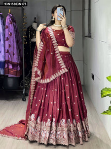 TRENDBUY Maroon Embroidered Vichitra Lehenga Choli Set with Can-Can & Dupatta