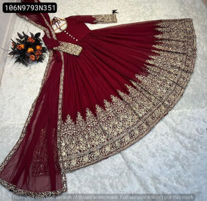 TRENDBUY Maroon Fox Georgette Gown with Sequence & Moti Work Dupatta Set