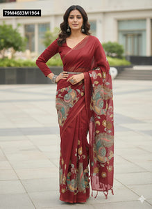 TRENDBUY Maroon Gold Linen Blend Saree with Peacock Kalamkari Digital Print for Festive Wear