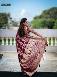 TRENDBUY Maroon Pure Viscose Dolla Silk Saree with Heavy Meenakari Weaving & Zari Blouse