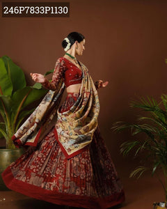 TRENDBUY Maroon Tussar Silk Kalamkari Print Lehenga Choli Set with Dupatta