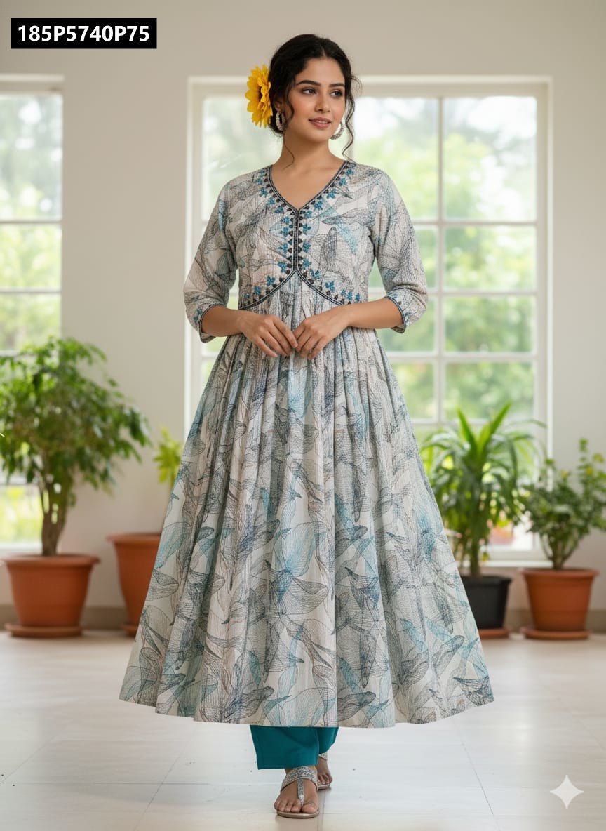 TRENDBUY Maslin Silk Anarkali Kurta Set in Teal Bloom, model smiling gracefully in a bright room.