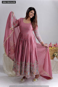 TRENDBUY Mauve Pink Cinon Silk Anarkali Gown Set with Heavy Embroidery