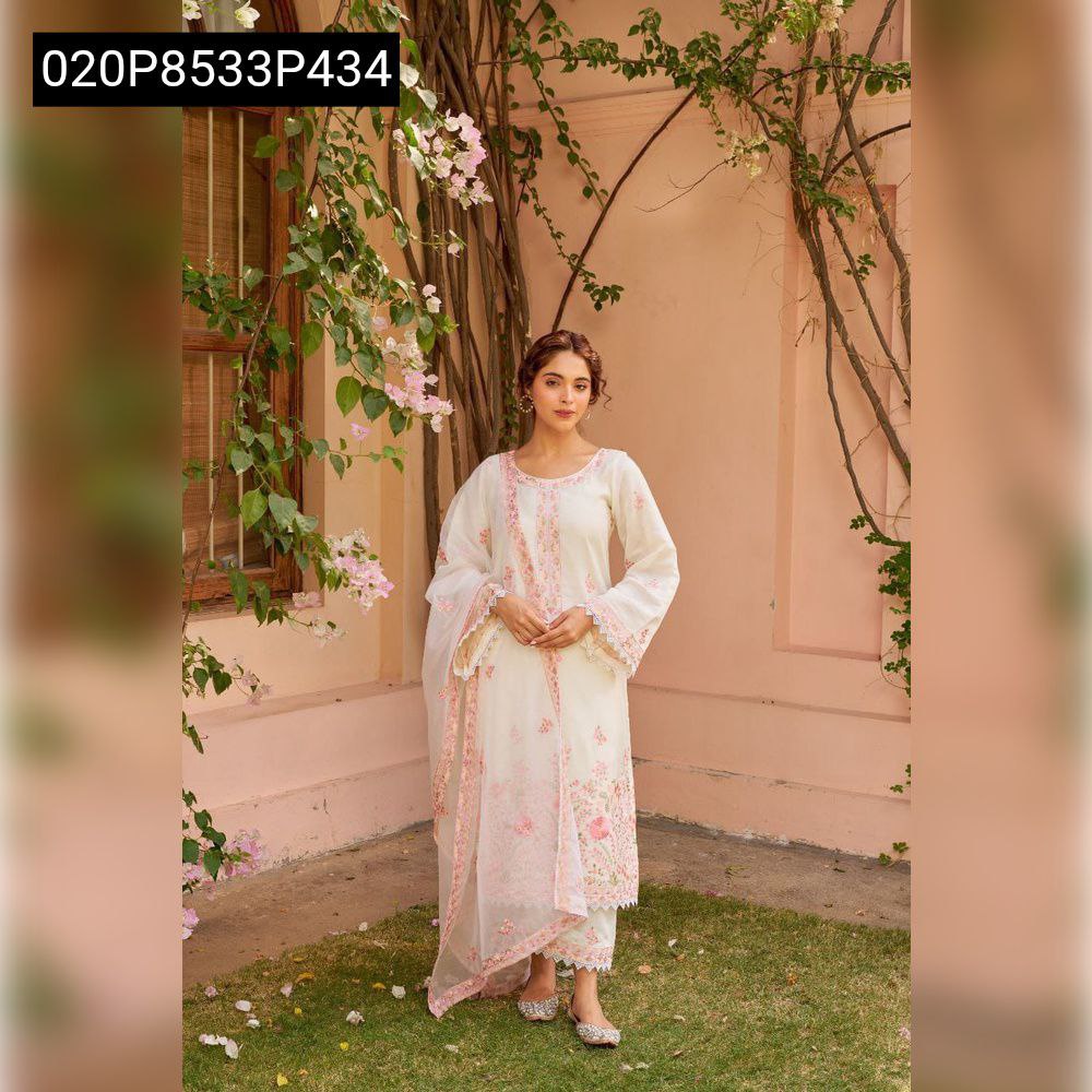 Full body shot of a model in a TRENDBUY whiteu ombre embroidered Chanderi silk straight kurta set with dupatta, posing outdoors.