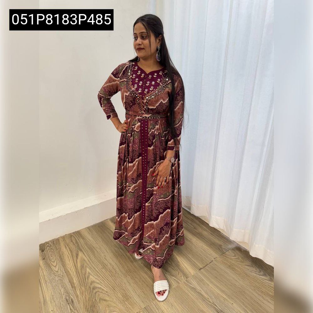 Model standing, full body shot, presenting the complete look of the TRENDBUY Wine Multi-pattern Gown, highlighting its flair and overall design.