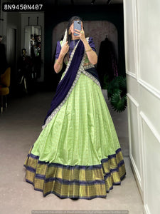 TRENDBUY Mint Green Zari Chex Lehenga Choli with Navy Blue Sequin Dupatta