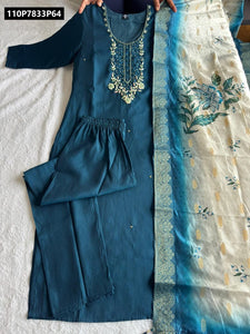 TRENDBUY Morpich Hand Work Roman Silk Kurta Set with Lichi Silk Dupatta