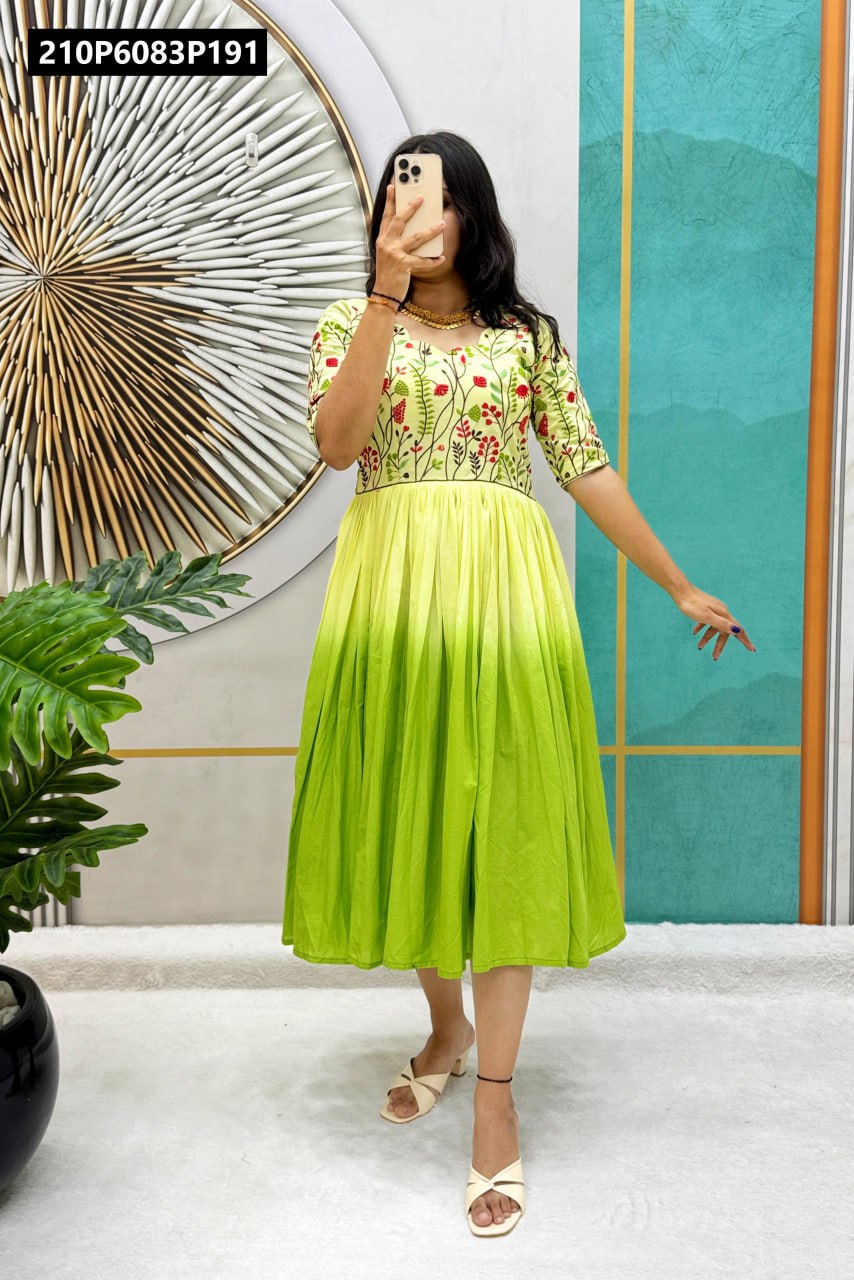 Model showcasing a full-body view of the TRENDBUY green Mul Mul Cotton Ombre Embroidered Gown