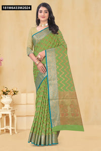 TRENDBUY Multi-Color Banarasi Silk Saree with Geometric Jari Weaving & Contrast Border