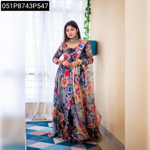 TRENDBUY Multi-Color Digital Floral Print Organza Silk Gown with Dupatta & Pant Set