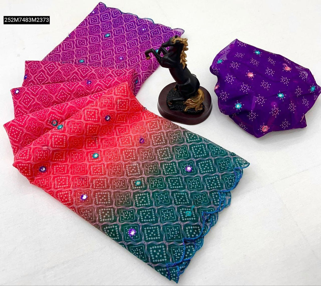 TRENDBUY Tabby Silk Saree fabric swatch showing multicolor ombre with Bandhani print, mirror work, and scallop border, alongside a purple blouse piece.