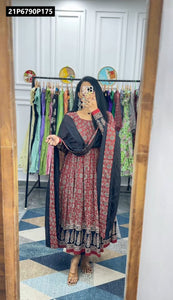 TRENDBUY Muslin Cotton Kalamkari Print Gown Set with Dupatta & Pant