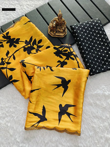 Premium Mustard Yellow Carbon Crepe Saree with Swarovski Border and Digital Bird Print Blouse