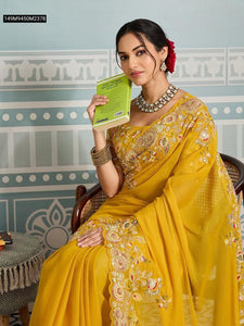 TRENDBUY Mustard Yellow Georgette Saree with Embroidery Cutwork Aari Border