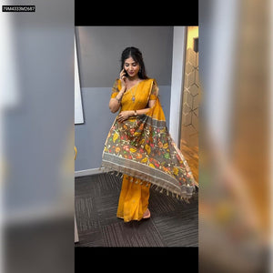TRENDBUY Mustard Yellow Linen Saree with Kalamkari Digital Print & Tassels