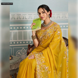 TRENDBUY Mustard Yellow Soft Georgette Saree with Intricate Cutwork Embroidery