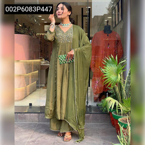 TRENDBUY Muted Green Embroidered Chinon Kurta with Palazzo & Dupatta Set