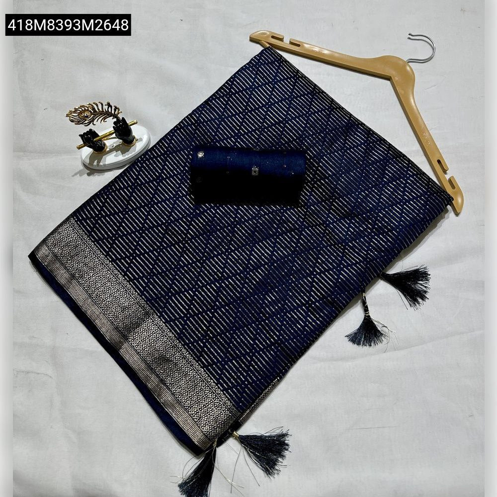TRENDBUY Navy Blue Mangalagiri Silk Saree with silver geometric pattern and Kanchi border, neatly folded on a hanger with matching blouse piece.