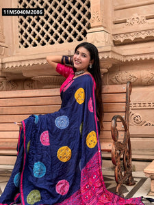 TRENDBUY Navy Blue Pure Moss Bandhani Saree with Super Mirror Work for Festivities