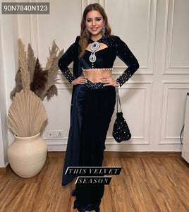 TRENDBUY Navy Velvet Indo-Western Drape Lehenga Saree with Pearl Moti Work & Stitched Blouse