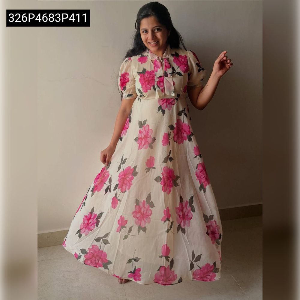 Model smiling confidently in a TRENDBUY Nayara floral fox georgette maxi dress, looking directly at the camera with a cheerful expression.