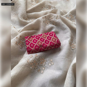 TRENDBUY Off-White Bember Crush Saree with Handwork Embroidery & Pink Brocade Blouse